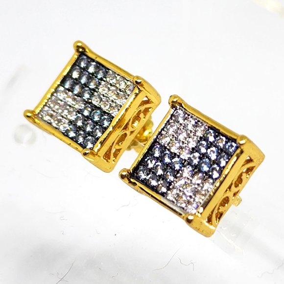 Iced Square Stud Pave Crystal Gold Plated Blue White Crystal Pierced Earrings - Picture 7 of 11